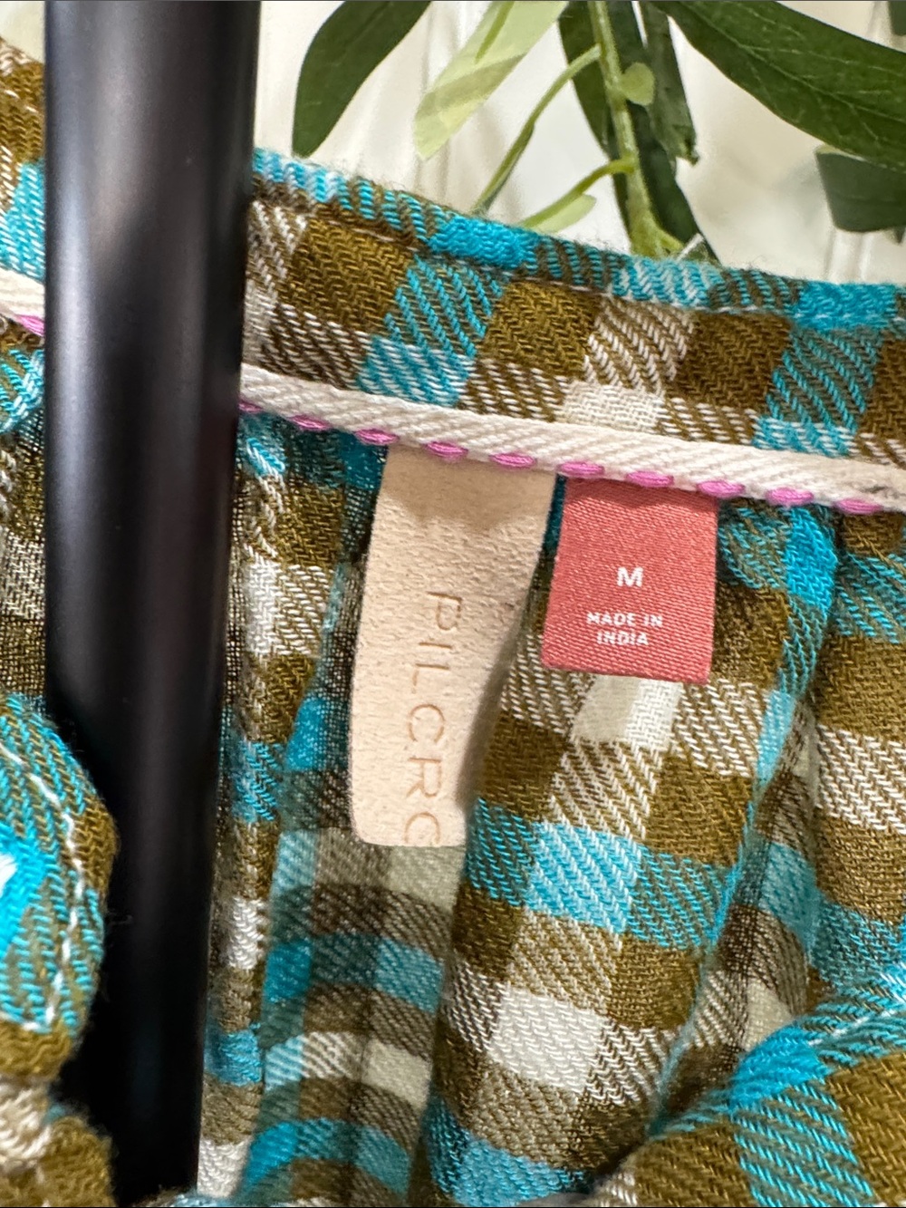 #639 Anthropologie PILCRO Breezy Teal & Olive Checked Button-Down Shirt - Picture 8 of 12